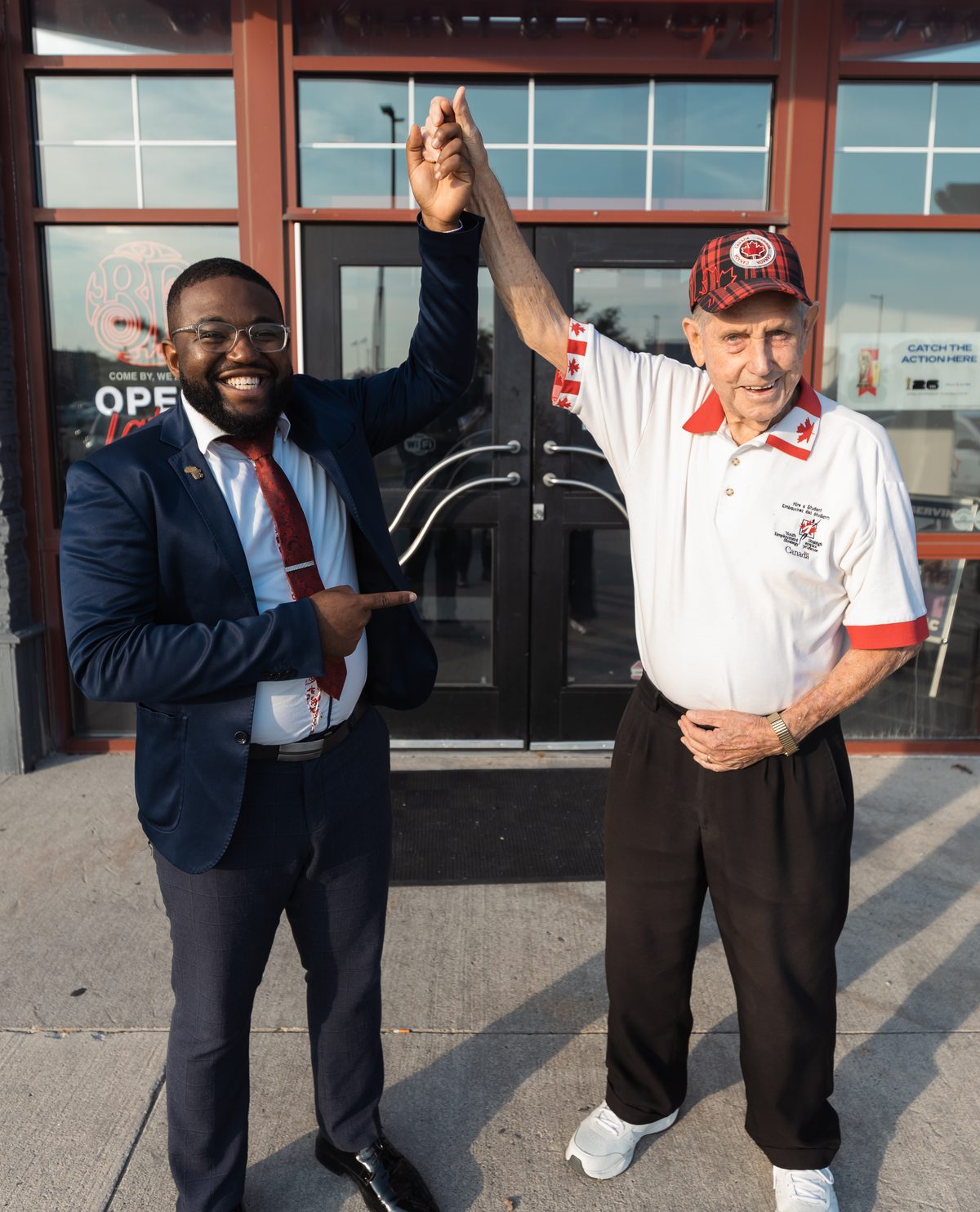 Arthur Amadi with Milton Mayor Gord Krantz at The Glory of Milton campaign launch, July 12, 2026